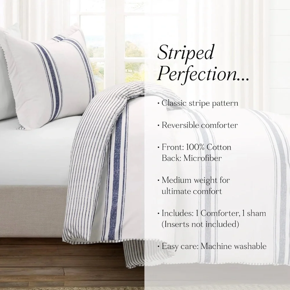 Lush Decor Farmhouse Stripe Reversible Cotton Comforter Set,2-Piece,Twin XL Navy